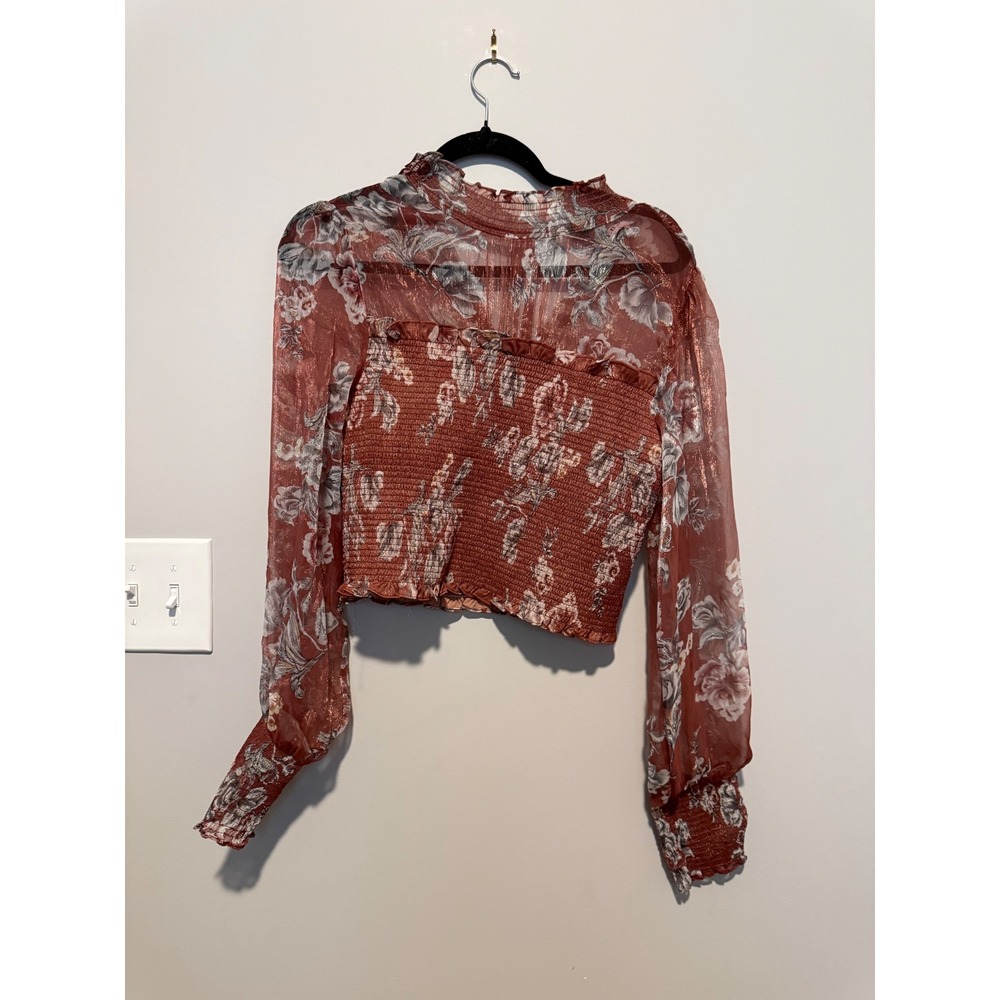 En Saison Womens Rust Floral Smocked Metallic Sheer Crop Top Mock Neck Size M